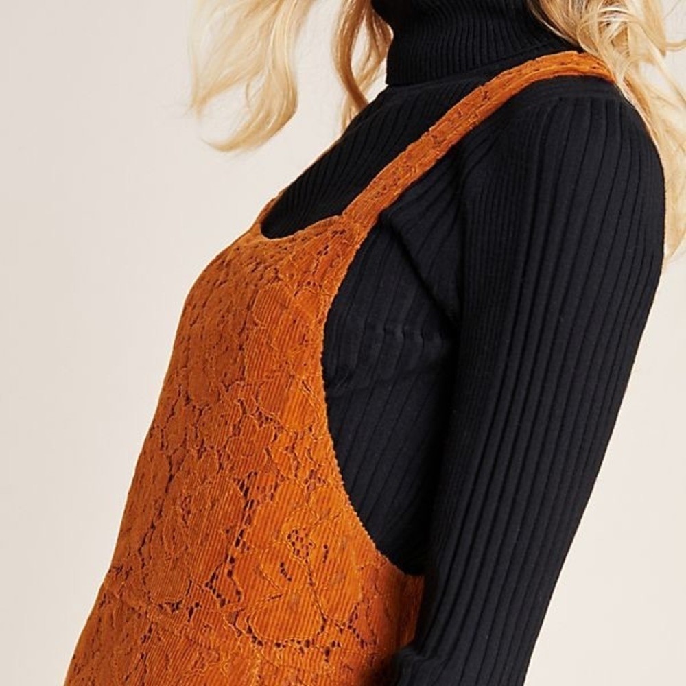 Anthropologie Dolan Hattie Corduroy Overall Dress Bronze Floral Lace Mini XS NEW - Picture 3 of 12